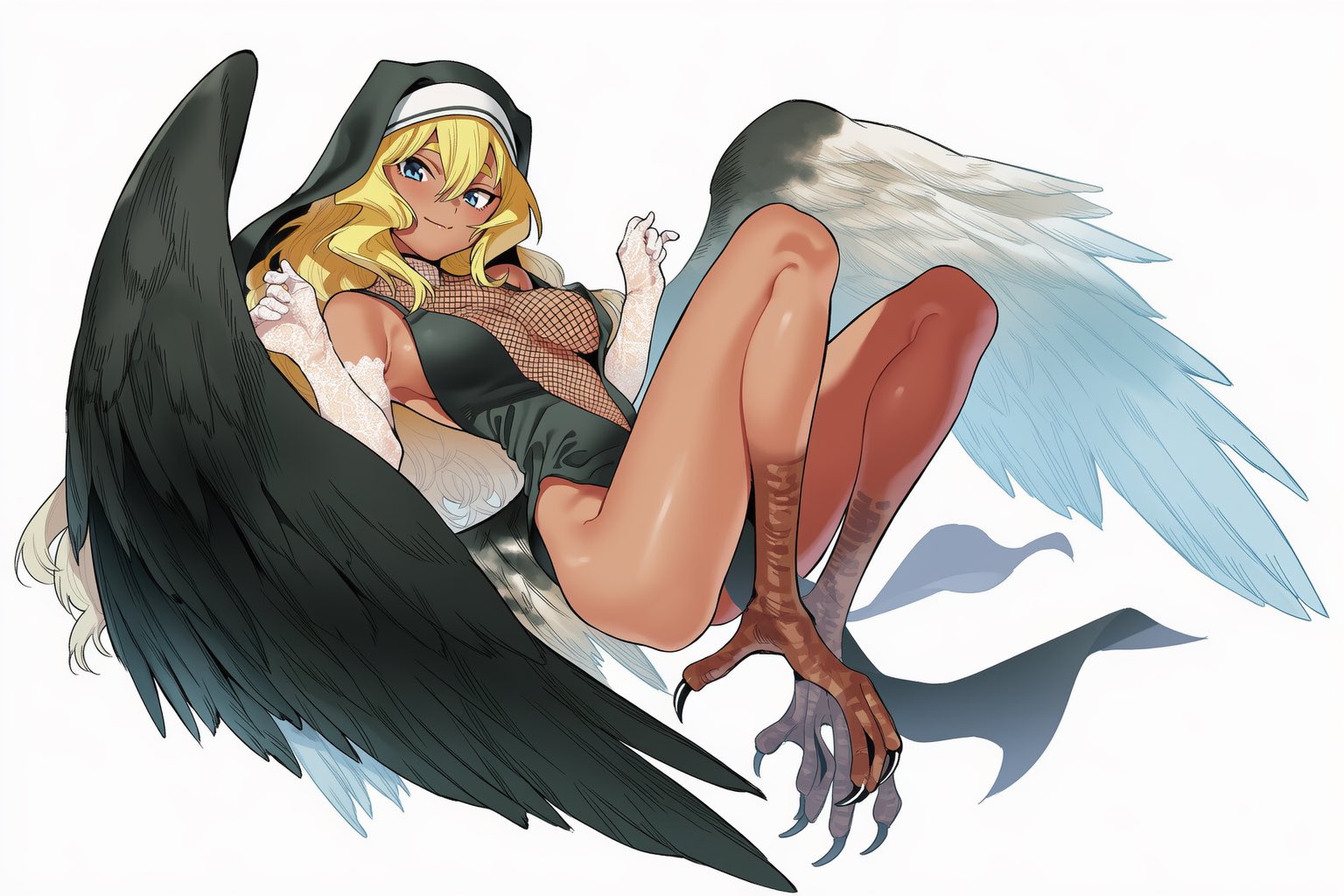 original, commentary request, 1girl, asymmetrical wings, black dress, black feathers, black veil, black wings, blonde hair, blue eyes, claws, closed mouth, curled fingers, dress, elbow gloves, feathered wings, feathers, fishnet dress, full body, gloves, hair between eyes, harpe, legs, long dress, long hair, looking at viewer, low wings, monster girl, nun, oversized wings, rose rnk exia, simple background, smile, solo, thick eyebrows, thighs, veil, white background, white feathers, white wings, wings