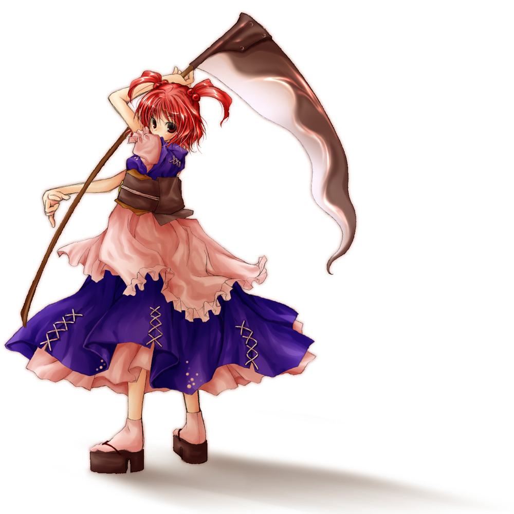 honokan, onozuka komachi, touhou, white legwear, 1girl, blue skirt, female focus, full body, geta, hair bobbles, hair ornament, looking at viewer, looking back, okobo, petticoat, platform sandals, puffy sleeves, red eyes, red hair, sandals, sash, scythe, shadow, simple background, skirt, solo, standing, tabi, two side up, vest, white background