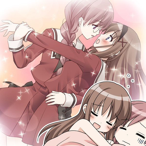 kani biimu, kitajima kaede, kitajima sara, sono hanabira ni kuchizuke wo, game cg, 2girls, = =, blush, chibi, cousins, eye contact, imagining, looking at another, multiple girls, smile, yuri