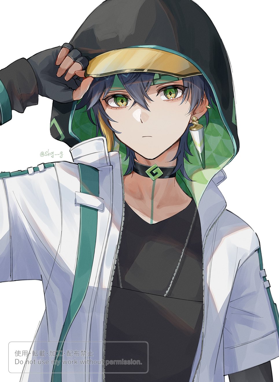 kinich (genshin impact), genshin impact, commentary request, highres, 1boy, alternate costume, arm up, black choker, black gloves, black hair, black hood, black hoodie, blonde streaks, body markings, choker, crossed bangs, diamond-shaped pupils, diamond (shape), earrings, fingerless gloves, frown, gloves, green eyes, green headband, hair between eyes, hand on headwear, hat, headband, hood, hood up, hoodie, jacket, jewelry, long sleeves, looking at viewer, multicolored eyes, multicolored hair, short hair, simple background, single earring, skg g, solo, spiked ear piercing, streaked hair, symbol-shaped pupils, twitter username, two-tone eyes, upper body, white background, white jacket, yellow eyes, yellow hat