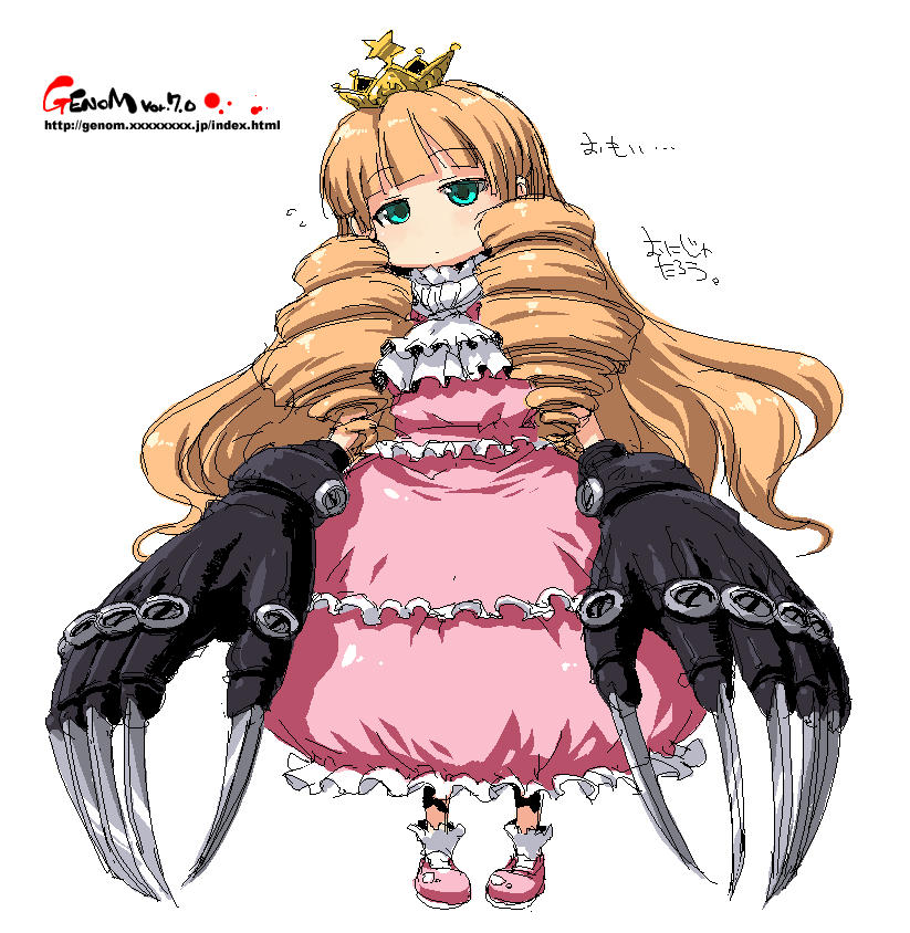 onija tarou, aqua eyes, claws, crown, dress, drill hair, gloves, oekaki, orange hair, solo