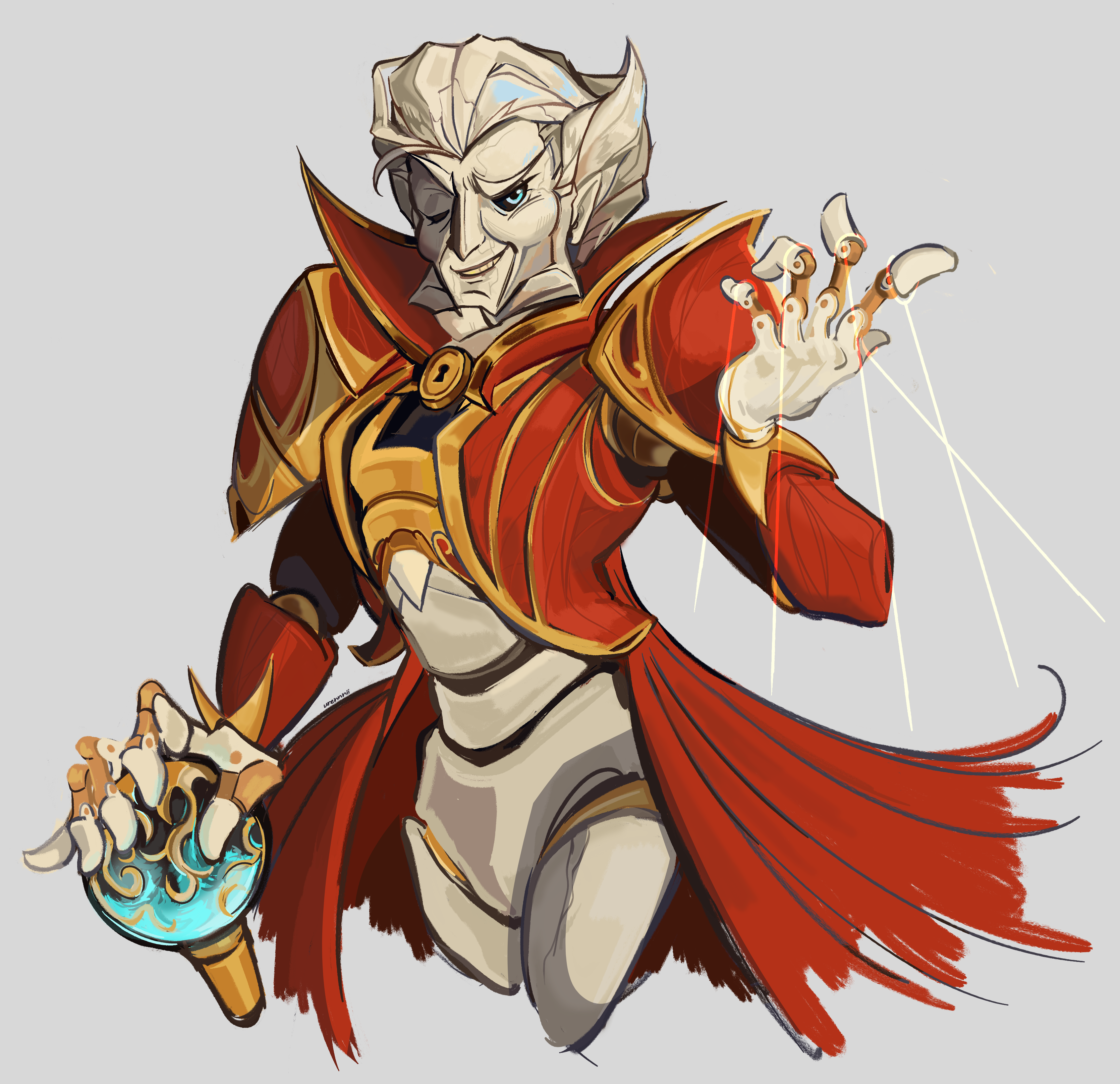 urennnii, dota (series), dota 2, absurdres, highres, 1boy, armor, beard, blue eyes, cape, facial hair, grin, holding, holding orb, holding wand, mage staff, orb, ringmaster, ringmaster (dota), smile, solo, wand