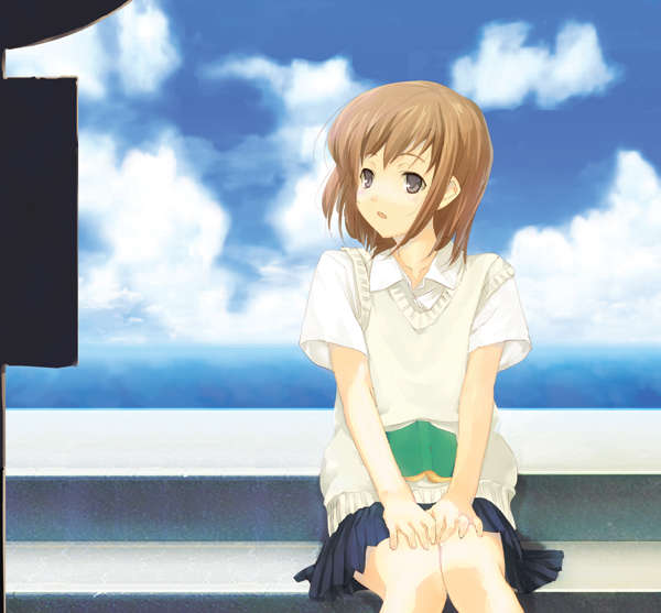 dasoku sentarou, original, 1girl, book, book on lap, brown eyes, brown hair, bus stop, collared shirt, female focus, hands on lap, looking to the side, ocean, open book, open mouth, school uniform, serafuku, shirt, short hair, short sleeves, sitting, skirt, solo, sweater vest
