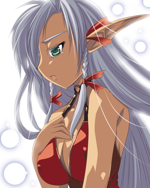 tajima yoshikazu, marlene, 1girl, braid, breasts, cleavage, dark-skinned female, dark skin, female focus, green eyes, large breasts, pointy ears, solo, tears