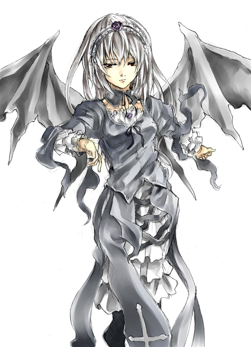 raid slash, suigintou, rozen maiden, silver hair, 00s, 1girl, bat wings, closed mouth, cowboy shot, detached collar, expressionless, female focus, frilled sleeves, frills, looking at viewer, simple background, solo, white background, wings
