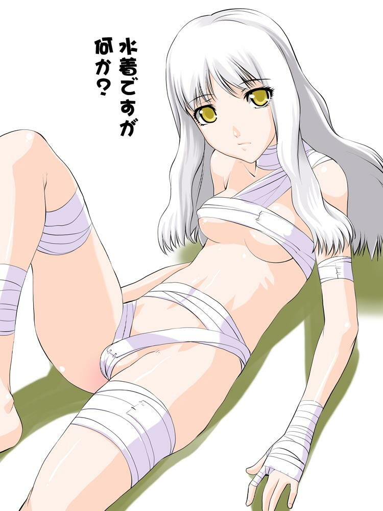 shinama, caren hortensia, fate/stay night, fate (series), translated, 00s, bandages, cameltoe, simple background, solo, speech bubble