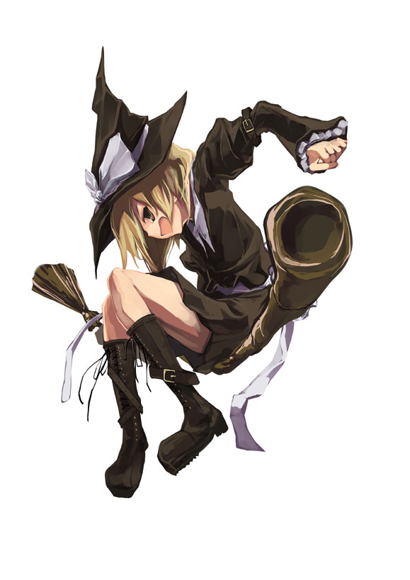 shimadoriru, kirisame marisa, touhou, 1girl, alternate costume, blonde hair, boots, broom, broom riding, female focus, full body, hat, sidesaddle, simple background, solo, white background, witch, witch hat