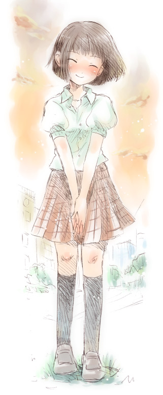 nyannyannyan!, ogawa hidari, original, 1girl, ^ ^, black thighhighs, blush, brown hair, closed eyes, female focus, full body, own hands together, red skirt, shirt, short hair, short sleeves, sketch, skirt, solo, standing, thighhighs, v arms, white shirt, zettai ryouiki