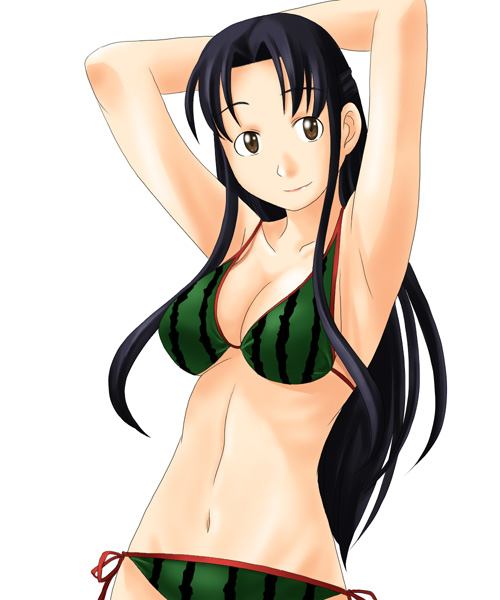 toshifumi, hosokawa kanako, maria-sama ga miteru, 00s, 1girl, armpits, arms up, bikini, black hair, brown eyes, female focus, food print, fruit print, green bikini, long hair, solo, swimsuit, watermelon print