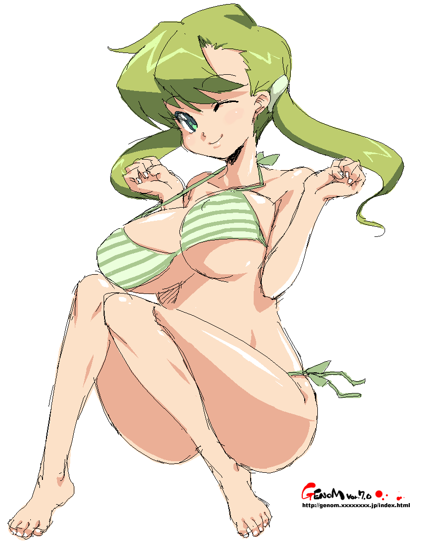 onija tarou, 1girl, bikini, breasts, female focus, full body, green bikini, green eyes, green hair, halterneck, huge breasts, oekaki, one eye closed, side-tie bikini bottom, simple background, solo, striped bikini, striped clothes, swimsuit, twintails, watermark, web address, white background, wink