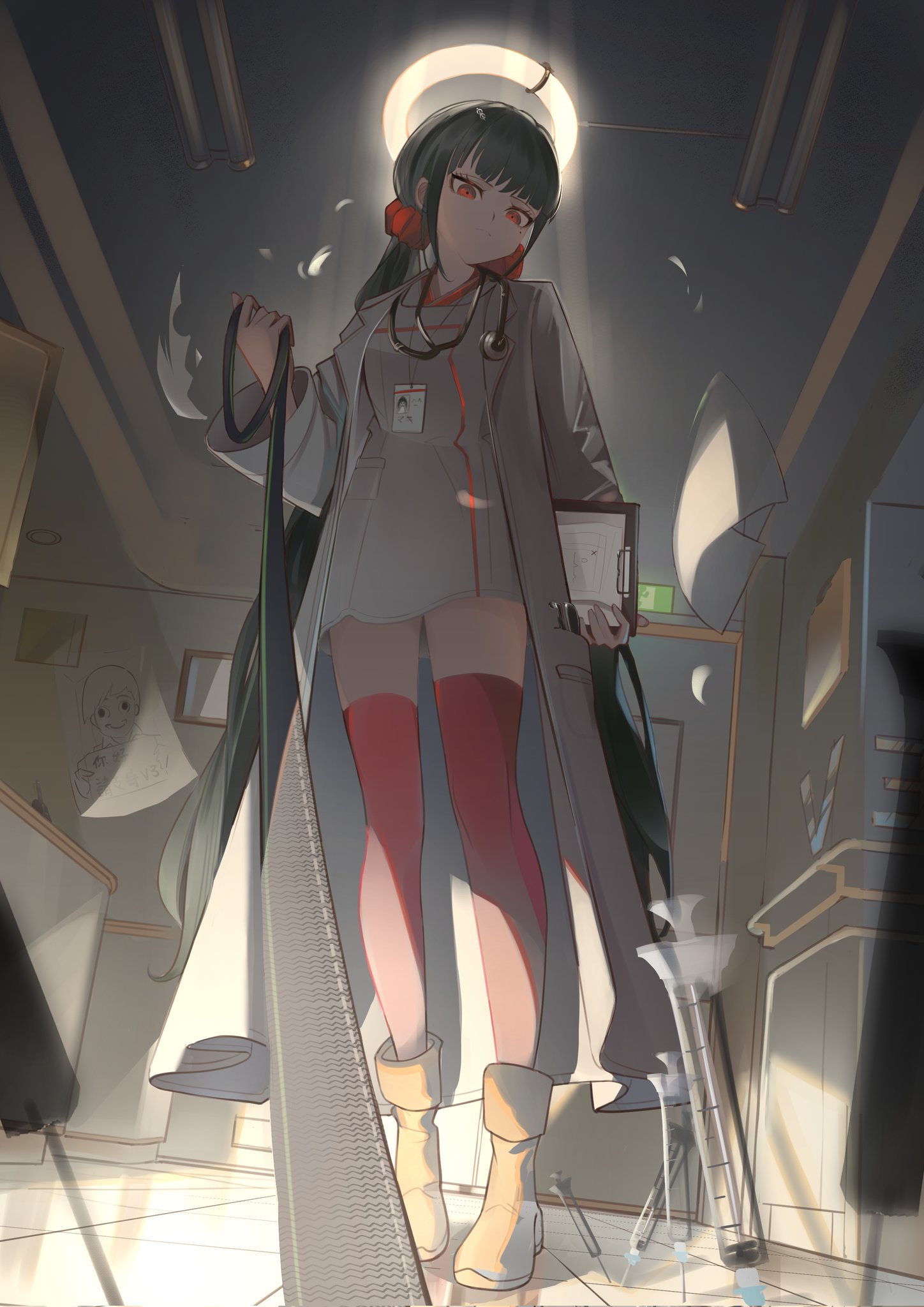 gakkiyui1, harukawa maki, danganronpa (series), danganronpa v3: killing harmony, highres, 1girl, black hair, clipboard, from below, grey jacket, hair ornament, hair scrunchie, halo, holding, holding clipboard, holding leash, hospital, id card, jacket, lanyard, leash, long hair, looking at viewer, low twintails, mole, mole under eye, nurse, pov, red eyes, red scrunchie, red thighhighs, scrunchie, shoes, solo, stethoscope, syringe, thighhighs, twintails, very long hair, viewer on leash, yellow shoes