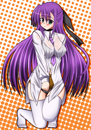 lask, ginga nakajima, lyrical nanoha, mahou shoujo lyrical nanoha, mahou shoujo lyrical nanoha strikers, lowres, 00s, 1girl, blush, female focus, green eyes, long hair, purple hair, see-through clothes, shirt, solo, thighhighs, wet, wet clothes, wet shirt