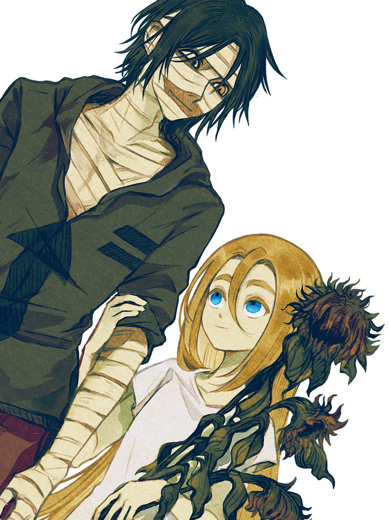 isaac foster, rachel gardner, satsuriku no tenshi, highres, 1boy, 1girl, bandaged arm, bandaged hand, bandaged head, bandages, black hair, black hoodie, blonde hair, blue eyes, colored eyelashes, dutch angle, flower, height difference, holding, holding flower, hood, hood down, hoodie, iseatingstone, light smile, long hair, looking at another, short hair, simple background, smile, sunflower, white background, wilted flower