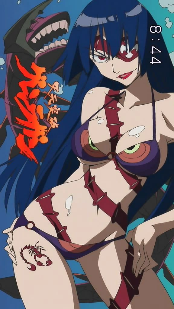 adiane, tengen toppa gurren lagann, anime screenshot, 00s, 1girl, bikini, blue background, blue hair, breasts, chest tattoo, cleavage, clock, clockshow, copyright name, eyepatch, female focus, full-body tattoo, gradient background, hair between eyes, halterneck, large breasts, leg tattoo, long hair, lowleg, lowleg bikini, narrow waist, o-ring, o-ring bikini, print bikini, purple bikini, scorpion tail, solo, stomach tattoo, swimsuit, tail, tattoo, thighs, very long hair