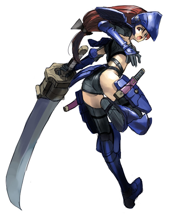 adachi yousuke, 1girl, armor, ass, female focus, full body, holding, holding sword, holding weapon, long hair, low-tied long hair, simple background, solo, sword, weapon, white background