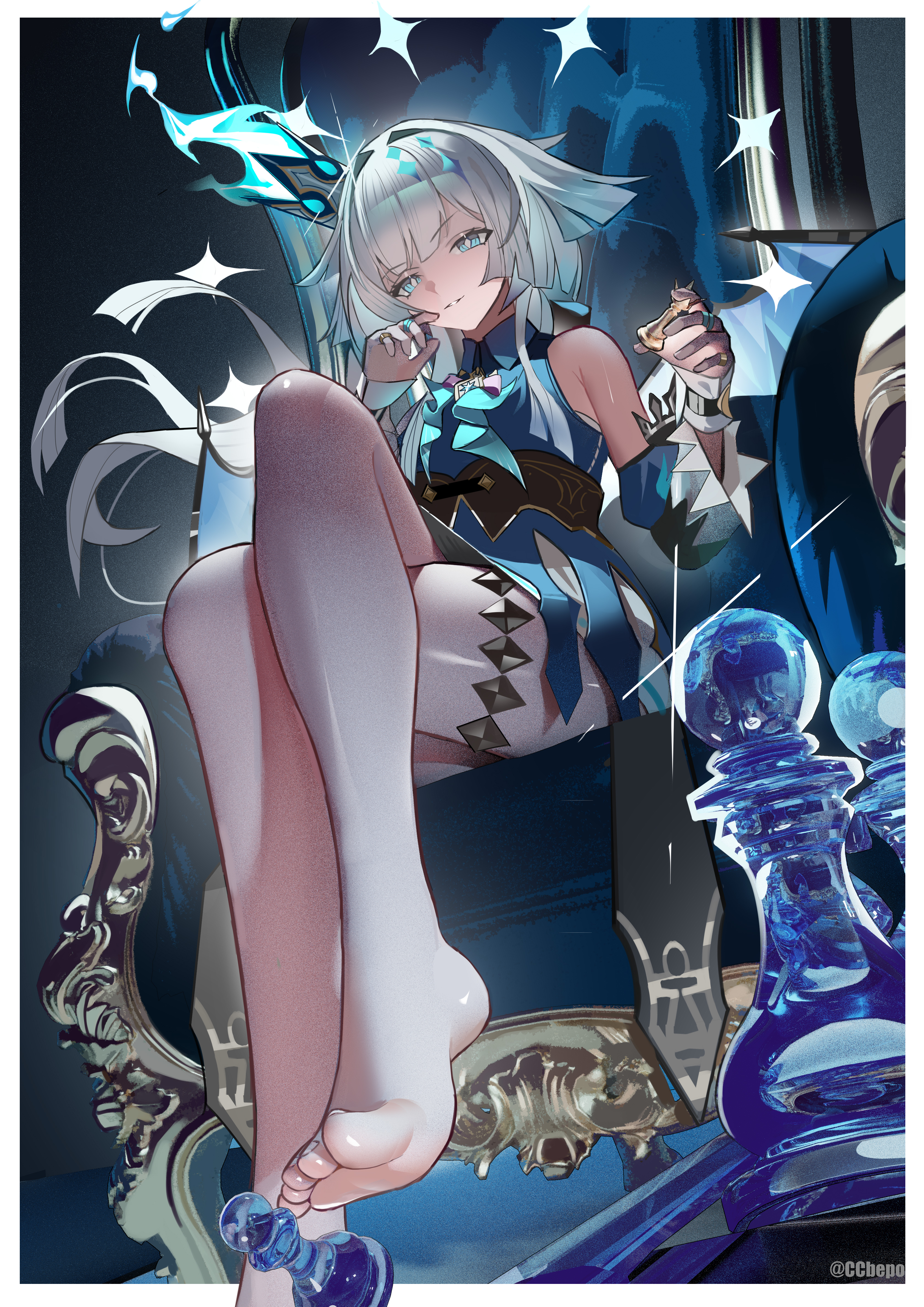 xiaojuan (user ezvt7287), cerydra (honkai: star rail), honkai: star rail, honkai (series), absurdres, chinese commentary, commentary request, highres, 1girl, barefoot, blue dress, blue eyes, blue hair, border, breasts, chess piece, crossed legs, crown, detached sleeves, dress, feet, hair intakes, legs, long hair, pawn (chess), sitting on throne, small breasts, solo, toes, very long hair, white border, wings