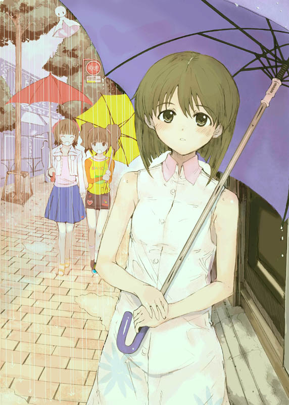 papercrown, amami haruka, hagiwara yukiho, takatsuki yayoi, idolmaster, idolmaster (classic), idolmaster 1, 00s, 3girls, multiple girls, rain, twintails, umbrella