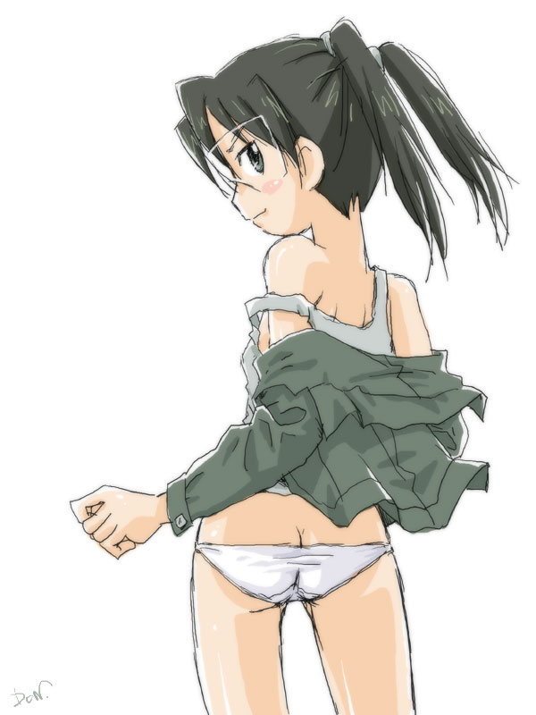 shimazu donki, amasawa yuuko, dennou coil, 00s, 1girl, black hair, bra, brown hair, female focus, glasses, lingerie, panties, short hair, signature, solo, twintails, underwear, undressing