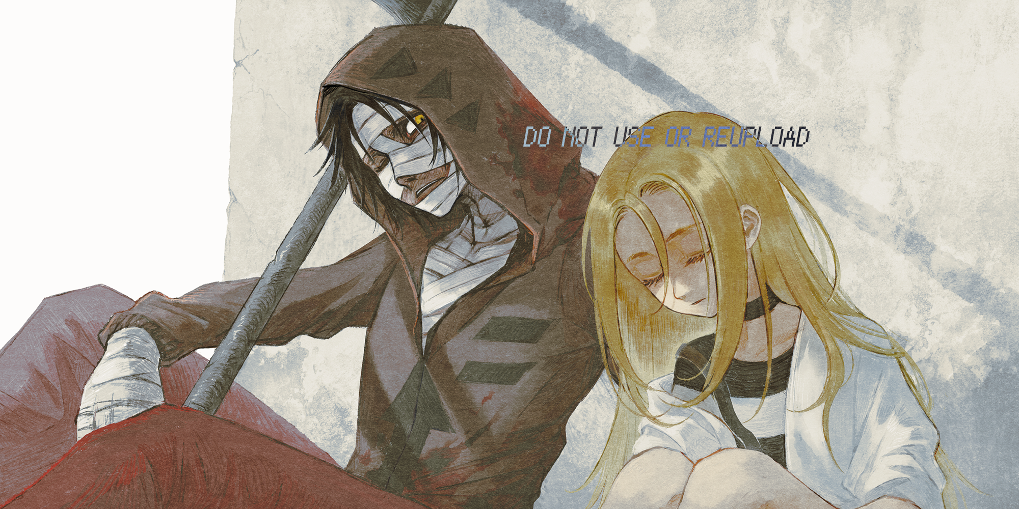 isaac foster, rachel gardner, satsuriku no tenshi, highres, 1boy, 1girl, bandaged hand, bandaged head, bandages, black choker, black hair, black hoodie, blonde hair, choker, closed eyes, english text, expressionless, hood, hood up, hoodie, iseatingstone, jacket, leaning on person, long hair, one eye closed, pants, red pants, scythe, shirt, short hair, sitting, sleeping, striped clothes, striped shirt, white jacket