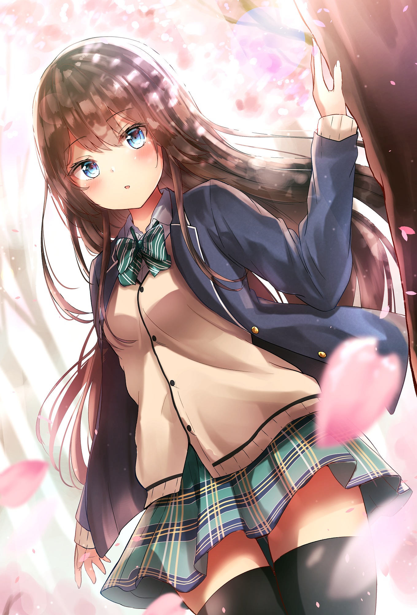 renka (cloudsaikou), original, commentary, highres, 1girl, black thighhighs, blue jacket, bow, bowtie, brown cardigan, brown hair, cardigan, cherry blossoms, dutch angle, falling petals, green bow, green bowtie, green skirt, jacket, long hair, looking at viewer, outdoors, petals, plaid clothes, plaid skirt, school uniform, skirt, solo, standing, striped bow, striped bowtie, striped clothes, thighhighs, tree, zettai ryouiki