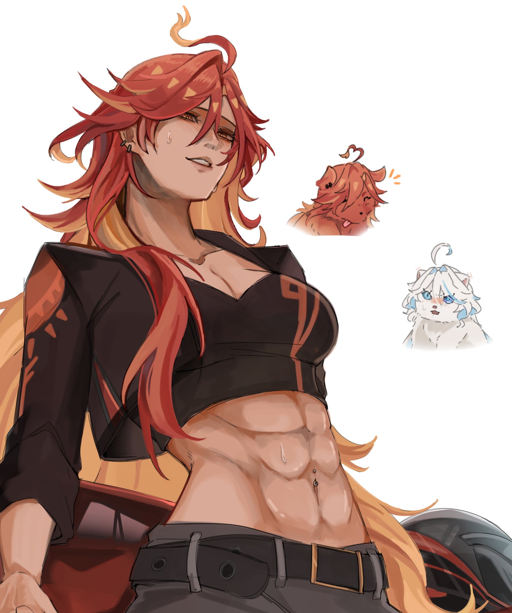 furina (genshin impact), mavuika (genshin impact), genshin impact, commentary, english commentary, hashtag-only commentary, highres, 1girl, abs, ahoge, belt, black belt, black jacket, black shirt, blush, breasts, cleavage, collarbone, cropped jacket, cropped shirt, dark-skinned female, dark skin, dog, earrings, eni (enidaisy69), grey pants, hair between eyes, half-closed eyes, heart, heart ahoge, helmet, jacket, jewelry, long hair, looking down, medium breasts, midriff, motorcycle helmet, multicolored hair, muscular, muscular female, navel, navel piercing, nose, open clothes, open jacket, orange eyes, orange hair, pants, parted lips, piercing, red hair, shirt, simple background, smile, solo focus, sweat, two-tone hair, upper body, very long hair, white background