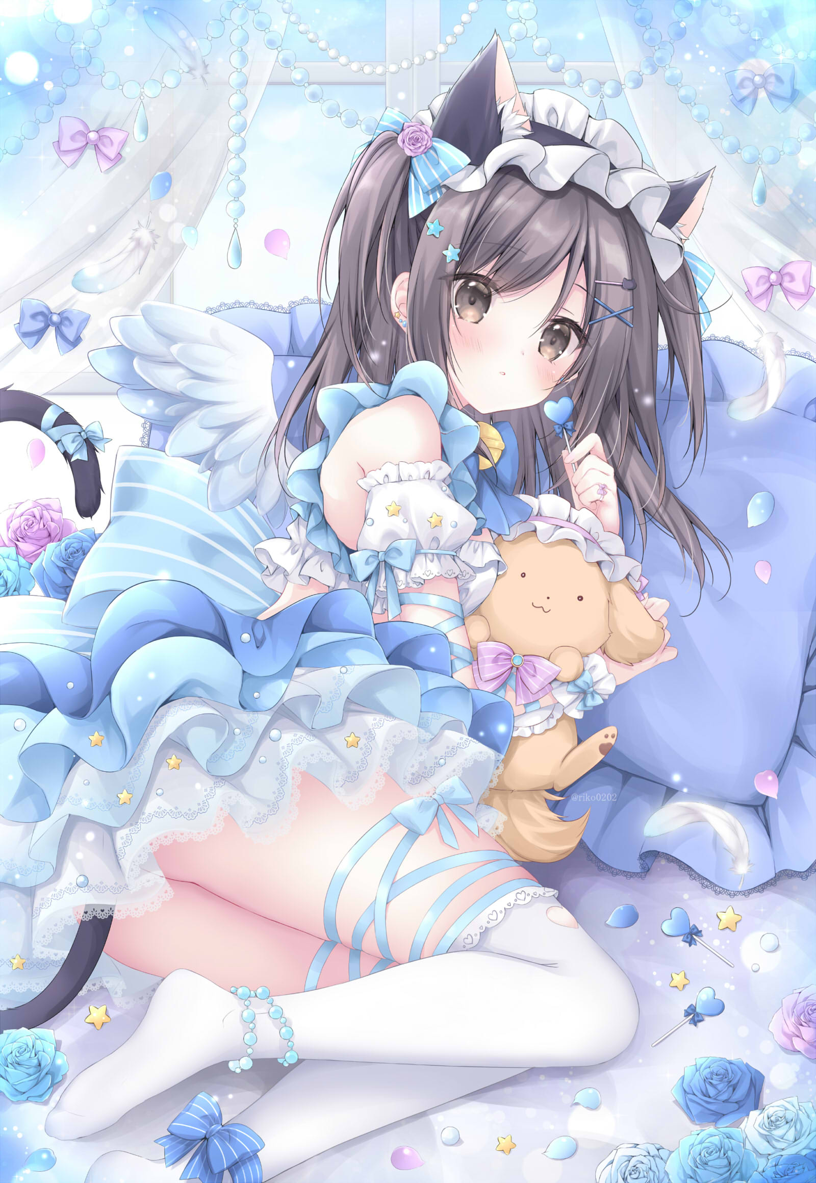 korie riko, original, highres, 1girl, animal ears, bell, black hair, blue bow, blue flower, blue rose, blue skirt, blush, bow, brown eyes, candy, cat ears, cat tail, detached sleeves, flower, food, hair ornament, holding, holding candy, holding food, holding lollipop, lollipop, long hair, looking at viewer, pillow, puffy short sleeves, puffy sleeves, rose, short sleeves, skirt, solo, stuffed animal, stuffed toy, tail, thighhighs, white thighhighs, wings