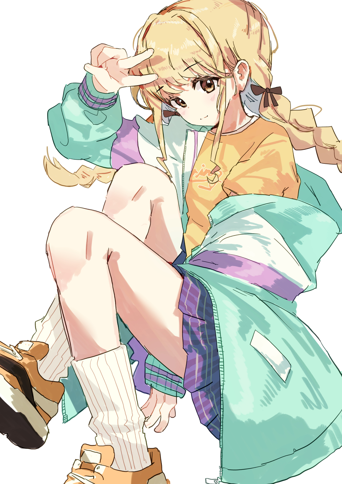 priority9, fujita kotone, gakuen idolmaster, idolmaster, highres, 1girl, aqua jacket, arm between legs, between legs, blonde hair, blush, braid, brown eyes, closed mouth, jacket, long hair, long sleeves, looking at viewer, open clothes, open jacket, plaid clothes, plaid skirt, pleated skirt, purple skirt, shirt, shoes, simple background, sitting, skirt, smile, sneakers, socks, solo, twin braids, twintails, v, white background, white socks, yellow shirt