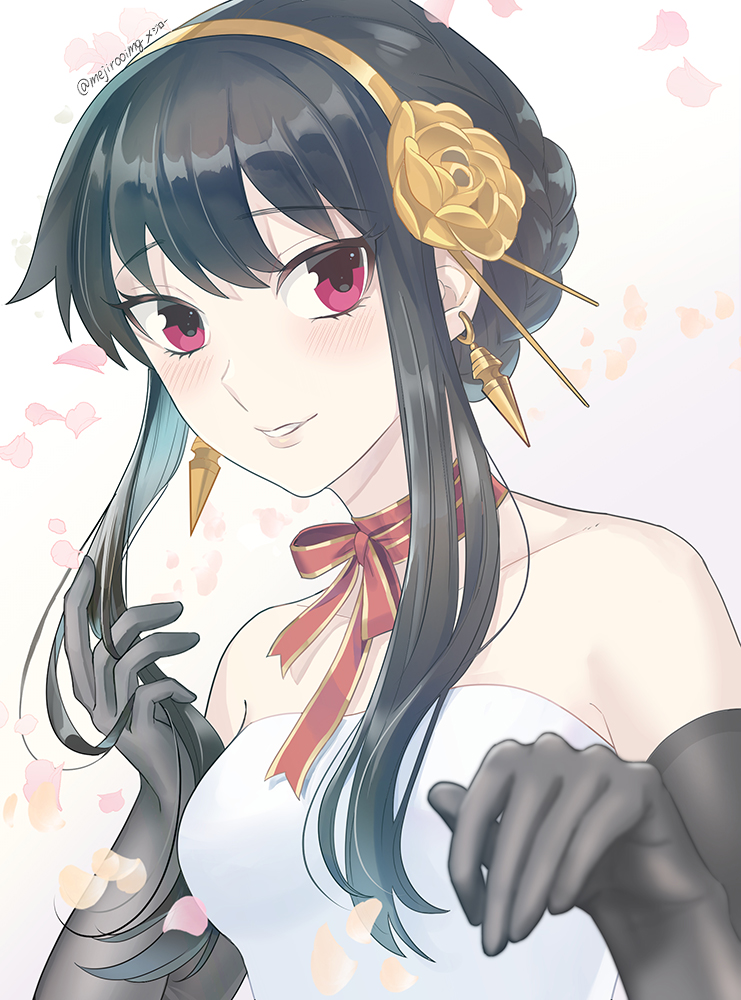 mejirooimg, yor briar, spy x family, 1girl, bare shoulders, black gloves, black hair, braid, breasts, earrings, elbow gloves, falling petals, flower, gloves, gold earrings, gold hairband, grin, hair ornament, hair over shoulder, hairband, hairpin, jewelry, long hair, looking at viewer, medium breasts, neck ribbon, open mouth, parted bangs, petals, pink lips, red eyes, red ribbon, ribbon, rose, simple background, smile, solo, strapless, teeth, twitter username, upper body, white background, yellow flower, yellow rose