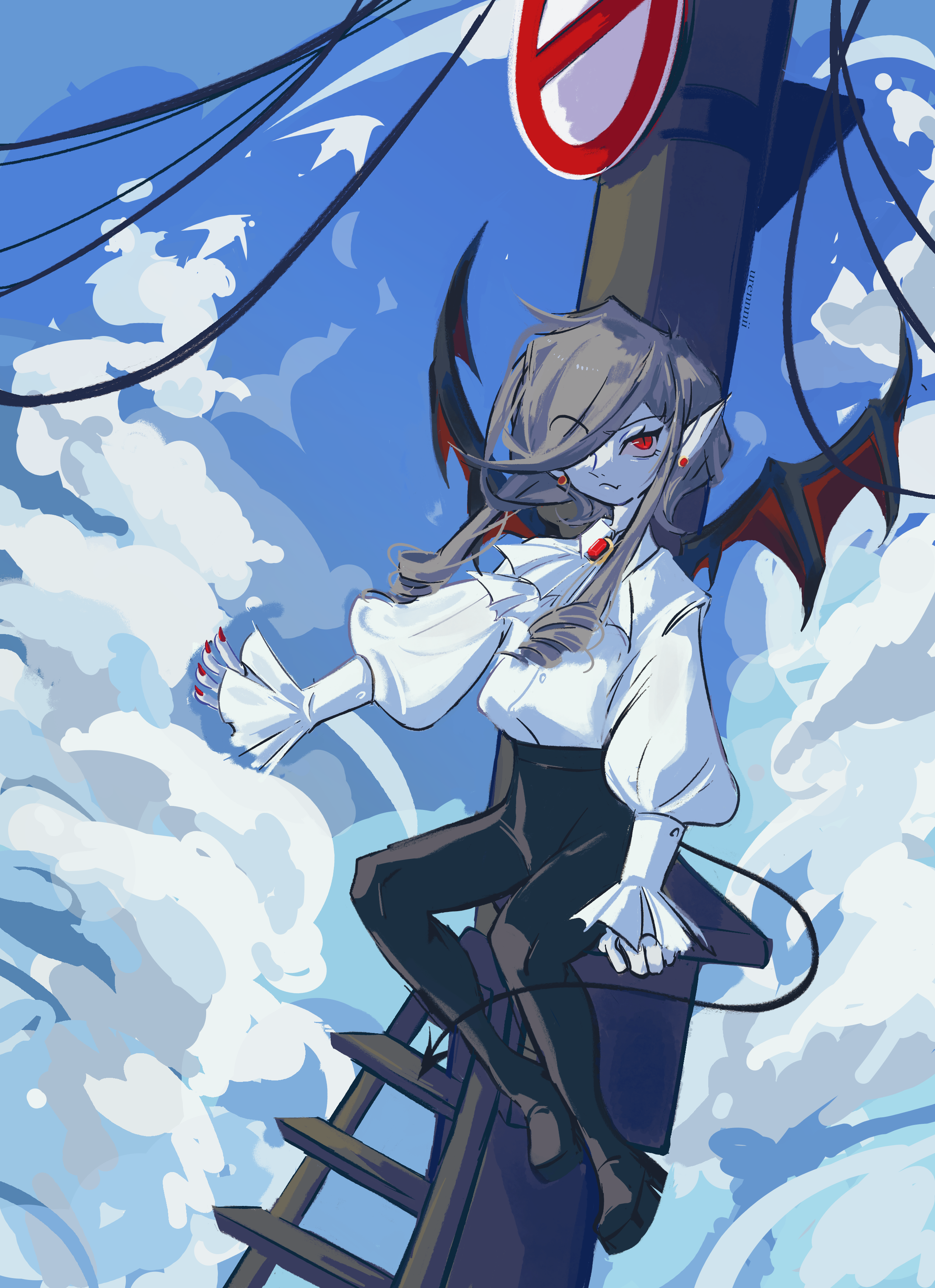 urennnii, minecraft, twitch.tv, absurdres, highres, bat wings, black pants, blue sky, cable, cloud, cloudy sky, demon tail, demon wings, earrings, fingernails, hair over one eye, jewelry, ladder, long hair, long sleeves, nail polish, pants, pillar, puffy sleeves, red nails, road sign, shirt, sign, sitting, sky, tail, white shirt, wings, wire, xah0b (minecraft)