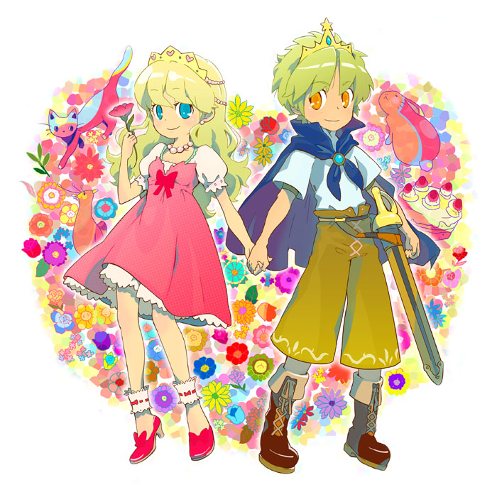 ukke, original, 1boy, 1girl, blonde hair, blue eyes, boots, brooch, cake, cape, cat, couple, crown, dress, earrings, flower, food, hetero, holding hands, jewelry, long hair, necklace, orange eyes, rabbit, ribbon, smile, sword, weapon
