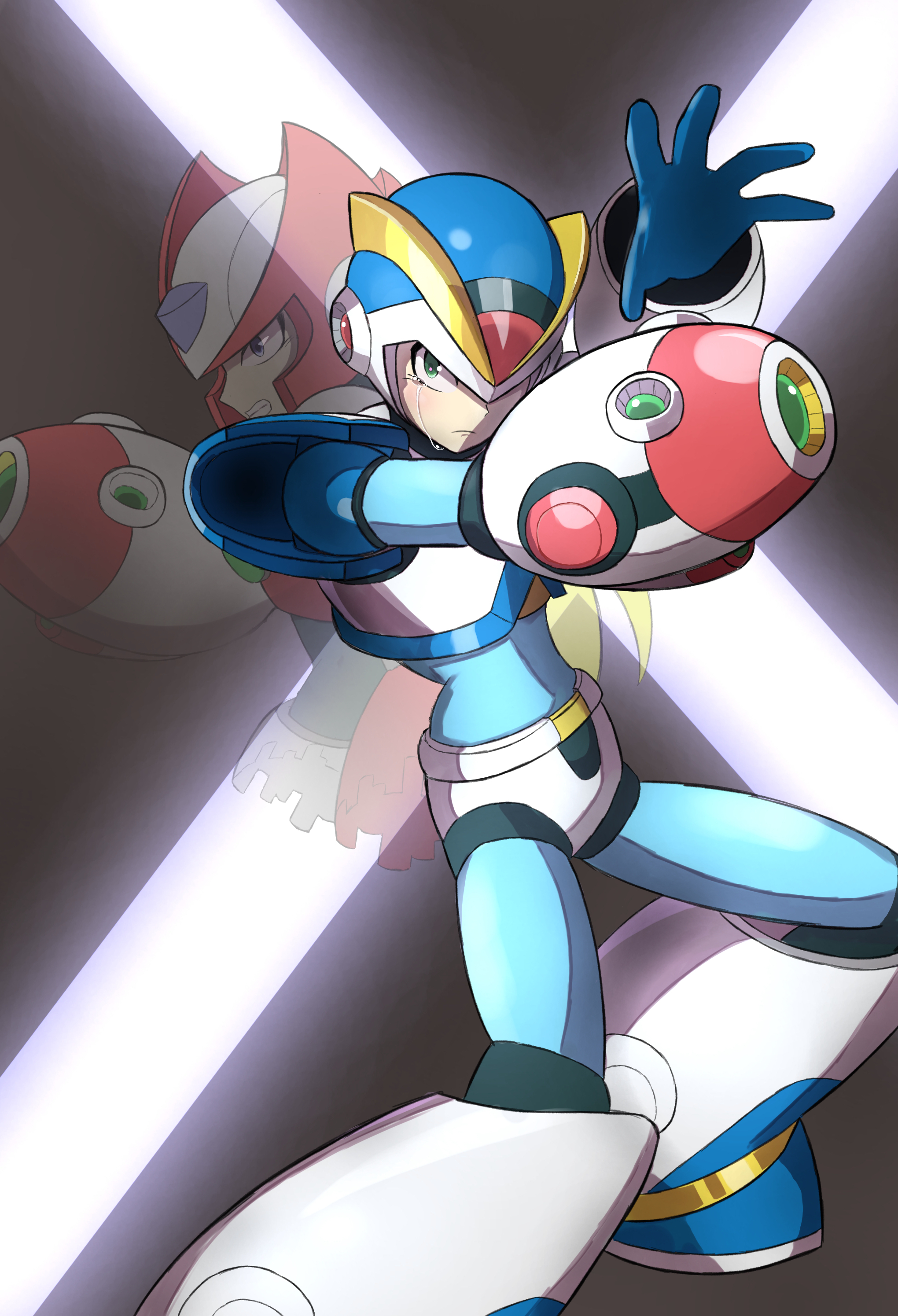 shoyu-z, first armor x (mega man), x (mega man), zero (mega man), mega man (series), mega man x (series), absurdres, commentary request, highres, 2boys, android, arm cannon, armor, blue armor, blue eyes, clenched teeth, closed mouth, crying, disembodied torso, frown, full body, green eyes, hand up, helmet, looking at viewer, multiple boys, red helmet, robot, shadow, streaming tears, tears, teeth, weapon