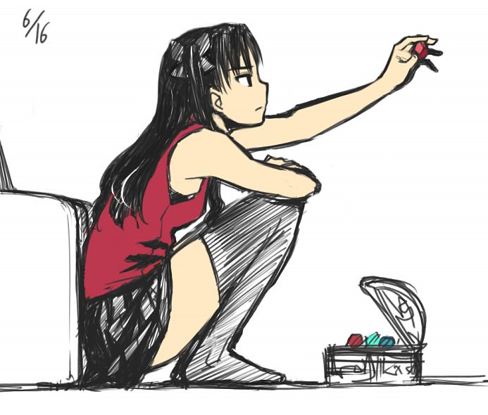 b suke, tohsaka rin, fate/stay night, fate (series), 00s, 1girl, black thighhighs, bra, couch, dated, female focus, gem, long legs, sketch, solo, thighhighs, treasure chest, underwear, zettai ryouiki