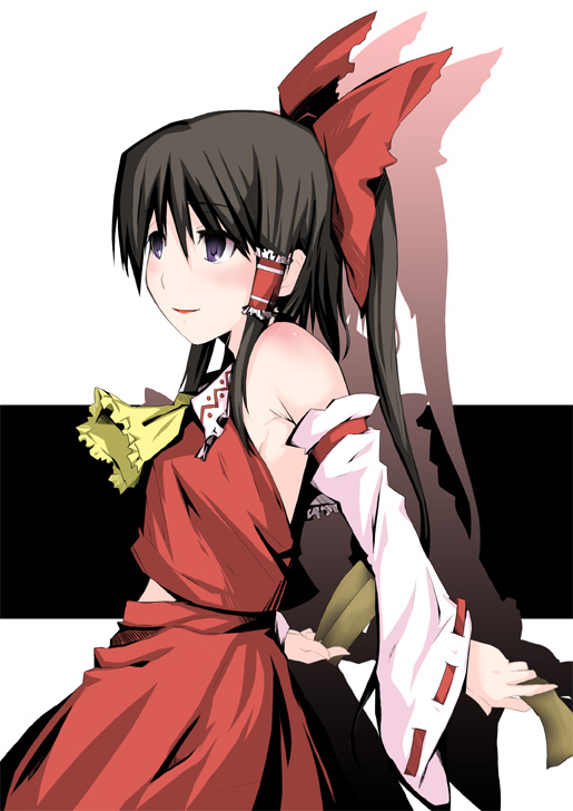 tsukiyo rei, hakurei reimu, touhou, 1girl, armpits, arms behind back, ascot, black hair, blush, bow, detached sleeves, dual wielding, female focus, flat chest, hair bow, holding, japanese clothes, long hair, midriff, miko, ofuda, ponytail, purple eyes, shadow, skirt, smile, solo