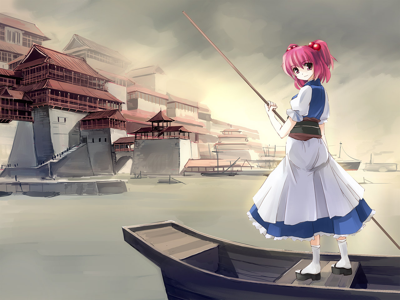 seo tatsuya, onozuka komachi, touhou, 1girl, architecture, black sandals, boat, city, east asian architecture, female focus, frills, hair bobbles, hair ornament, harbor, looking back, okobo, pink eyes, pink hair, platform sandals, pole, rowboat, sandals, short hair, solo, twintails, two side up, water, watercraft