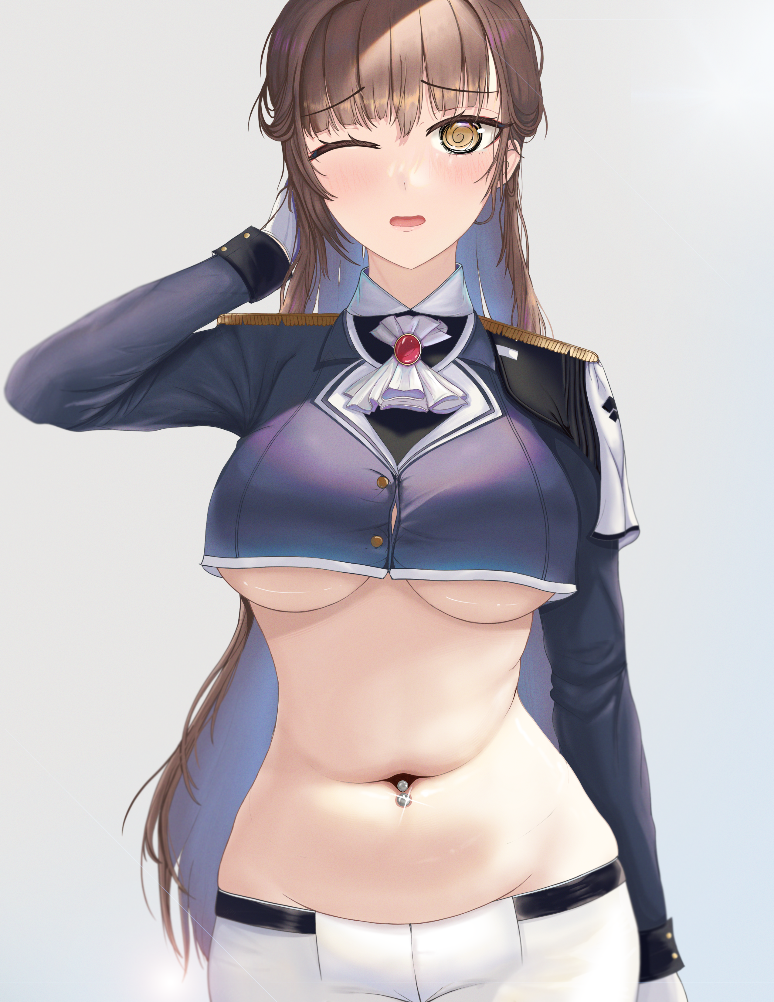 marciana (nikke), goddess of victory: nikke, absurdres, commentary, highres, 1girl, @ @, arm up, ascot, belt, black belt, black jacket, blush, breasts, brown eyes, brown hair, button gap, cowboy shot, crop top, cropped jacket, epaulettes, glint, gloves, grey background, groin, jacket, kingamadeus0, large breasts, long hair, long sleeves, looking at viewer, military jacket, navel, navel piercing, one eye closed, open mouth, pants, piercing, sidelocks, simple background, solo, standing, stomach, tight clothes, tight pants, underboob, very long hair, white ascot, white gloves, white pants