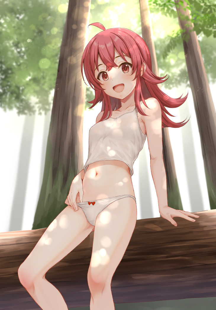 ca paria, komiya kaho, idolmaster, idolmaster shiny colors, commentary request, 1girl, ahoge, arm support, bare legs, blush, bow, bow panties, breasts, camisole, collarbone, crop top, feet out of frame, flipped hair, forest, long hair, looking at viewer, nature, navel, outdoors, panties, red eyes, red hair, small breasts, smile, solo, stomach, underwear, underwear only, white camisole, white panties