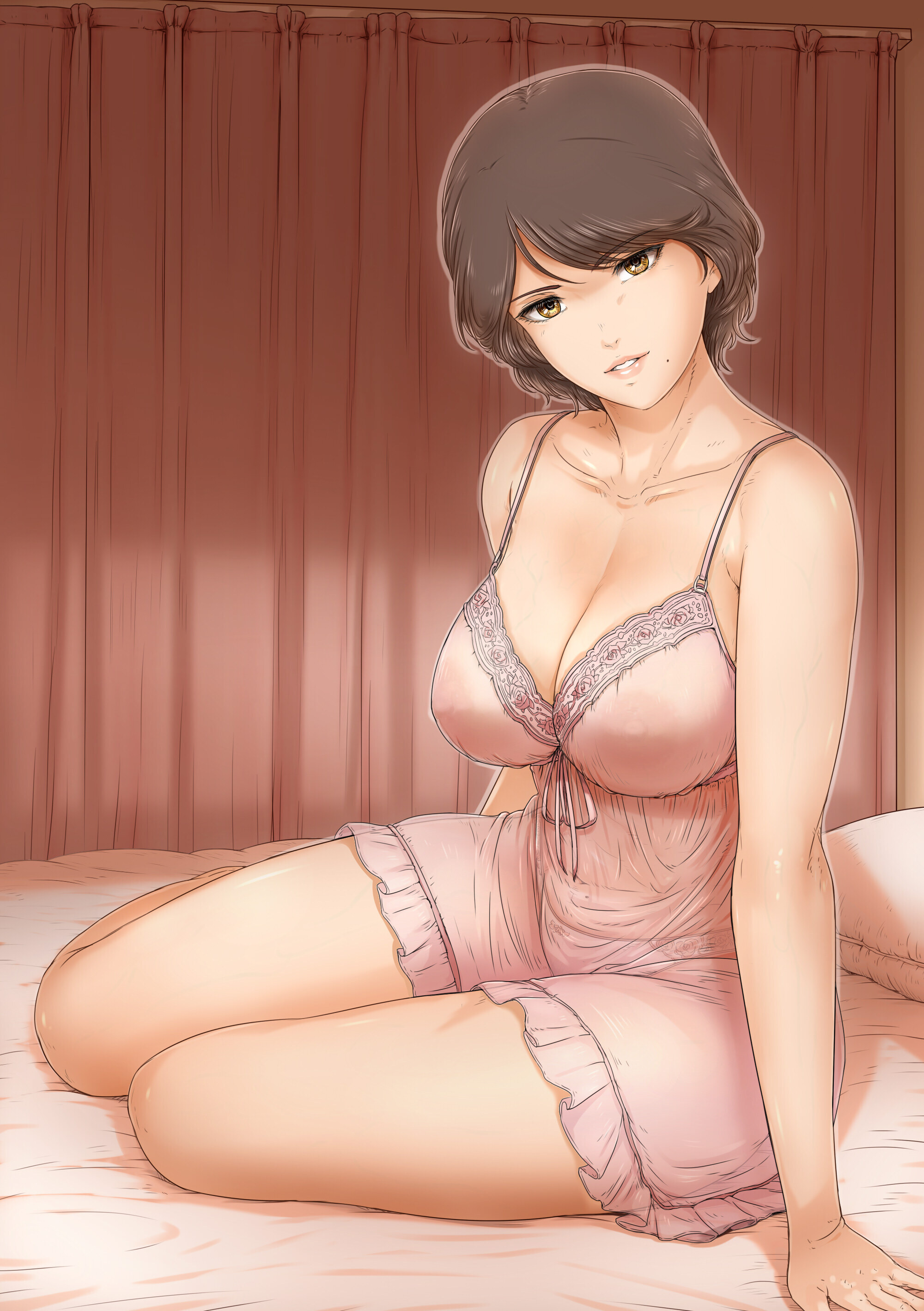 remon keiki, original, absurdres, commentary request, highres, 1girl, breasts, brown eyes, brown hair, cleavage, collarbone, curtains, dress, large breasts, mature female, nightgown, on bed, parted lips, pillow, pink dress, pink nightgown, shadow, short hair, sitting, solo
