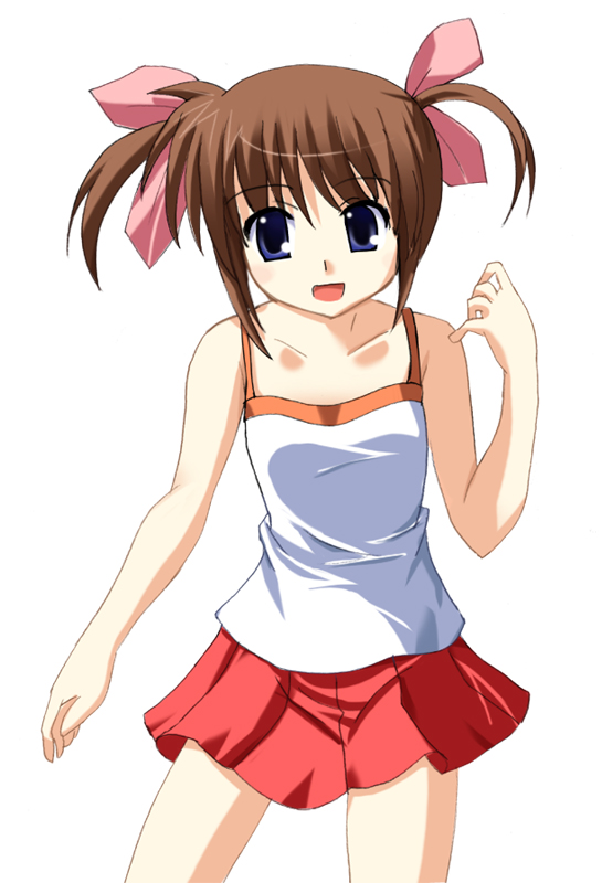 odaya, odayan, takamachi nanoha, lyrical nanoha, mahou shoujo lyrical nanoha, 00s, 1girl, bare shoulders, camisole, collarbone, comic, female focus, hair ribbon, looking at viewer, red skirt, ribbon, simple background, skirt, sleeveless, solo, twintails, white background