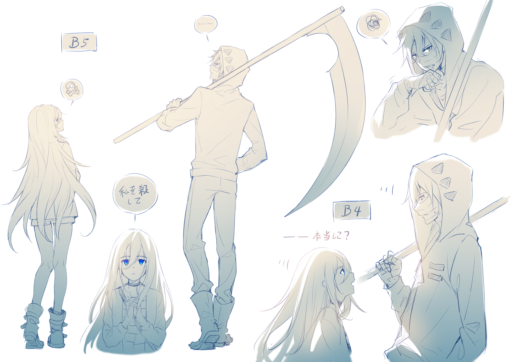 tidsean, isaac foster, rachel gardner, satsuriku no tenshi, highres, translation request, 1boy, 1girl, bandaged hand, bandaged head, bandages, height difference, holding, holding scythe, hood, hood up, hoodie, jacket, long hair, looking at another, monochrome, multiple views, pants, scythe, short hair, shorts, simple background, speech bubble, white background