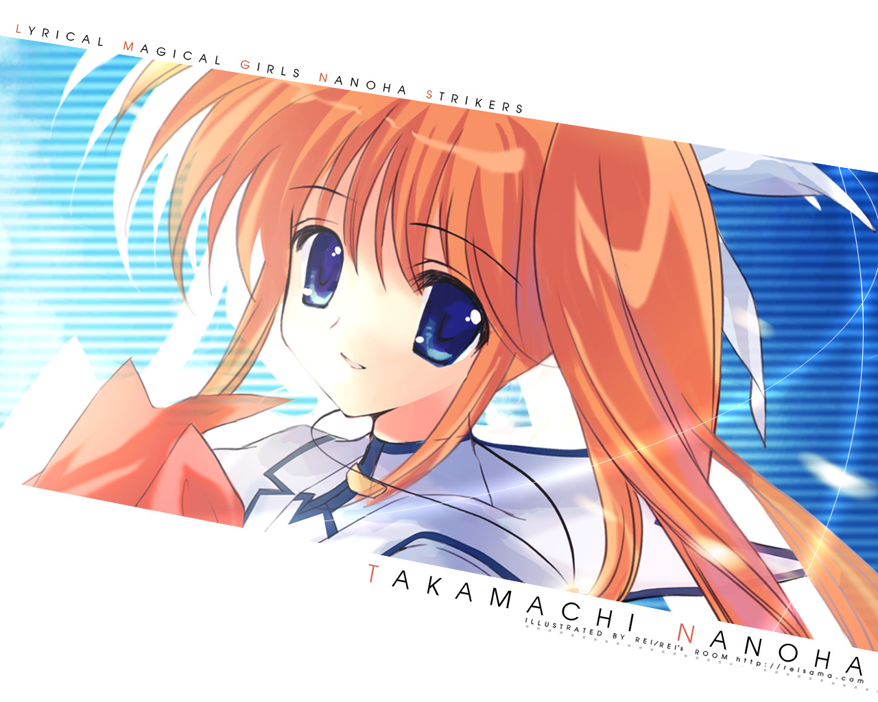 rei (artist), rei (rei's room), raising heart, raising heart (standby mode), takamachi nanoha, lyrical nanoha, mahou shoujo lyrical nanoha, mahou shoujo lyrical nanoha strikers, 00s, 1girl, bow, character name, copyright name, female focus, magical girl, purple eyes, red bow, red hair, smile, solo, twintails