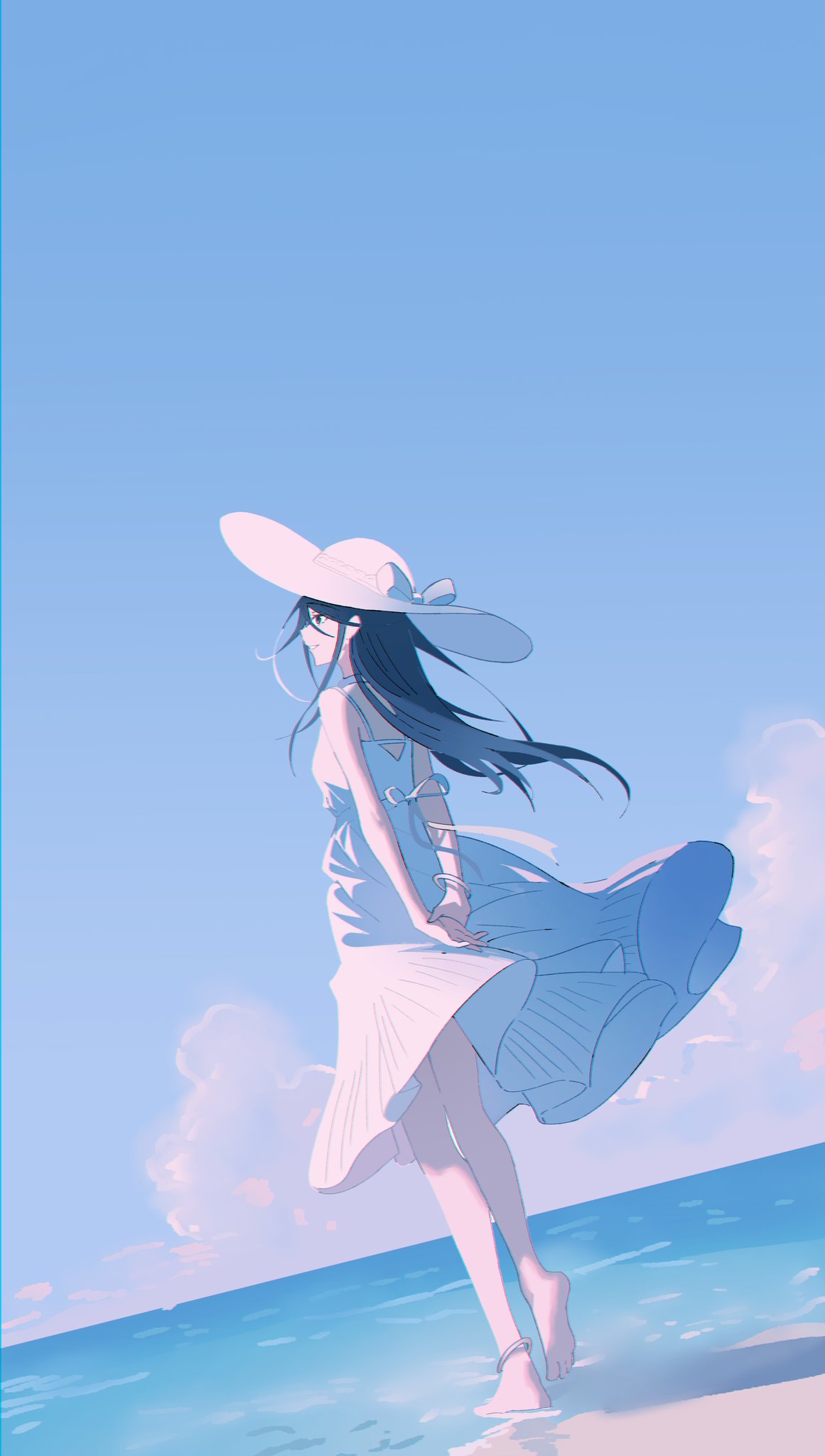 a0ja9k, hoshino ichika (project sekai), project sekai, hashtag-only commentary, highres, 1girl, arms behind back, black hair, blue sky, chromatic aberration, closed mouth, cloud, day, dress, feet out of frame, floating clothes, floating hair, from behind, from side, hair between eyes, hat, long hair, looking afar, outdoors, own hands together, profile, ribbon, sky, sleeveless, sleeveless dress, smile, solo, standing, sun hat, sundress, white dress, white ribbon, wind, wind lift