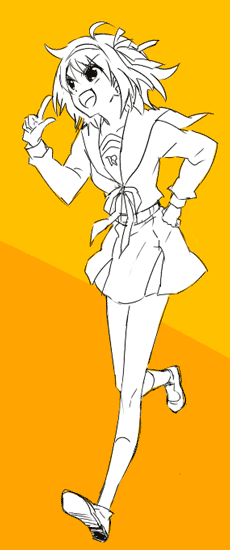 kurosuke (nora), kurosuke shiro, suzumiya haruhi, suzumiya haruhi no yuuutsu, 00s, 1girl, female focus, monochrome, orange background, school uniform, serafuku, solo