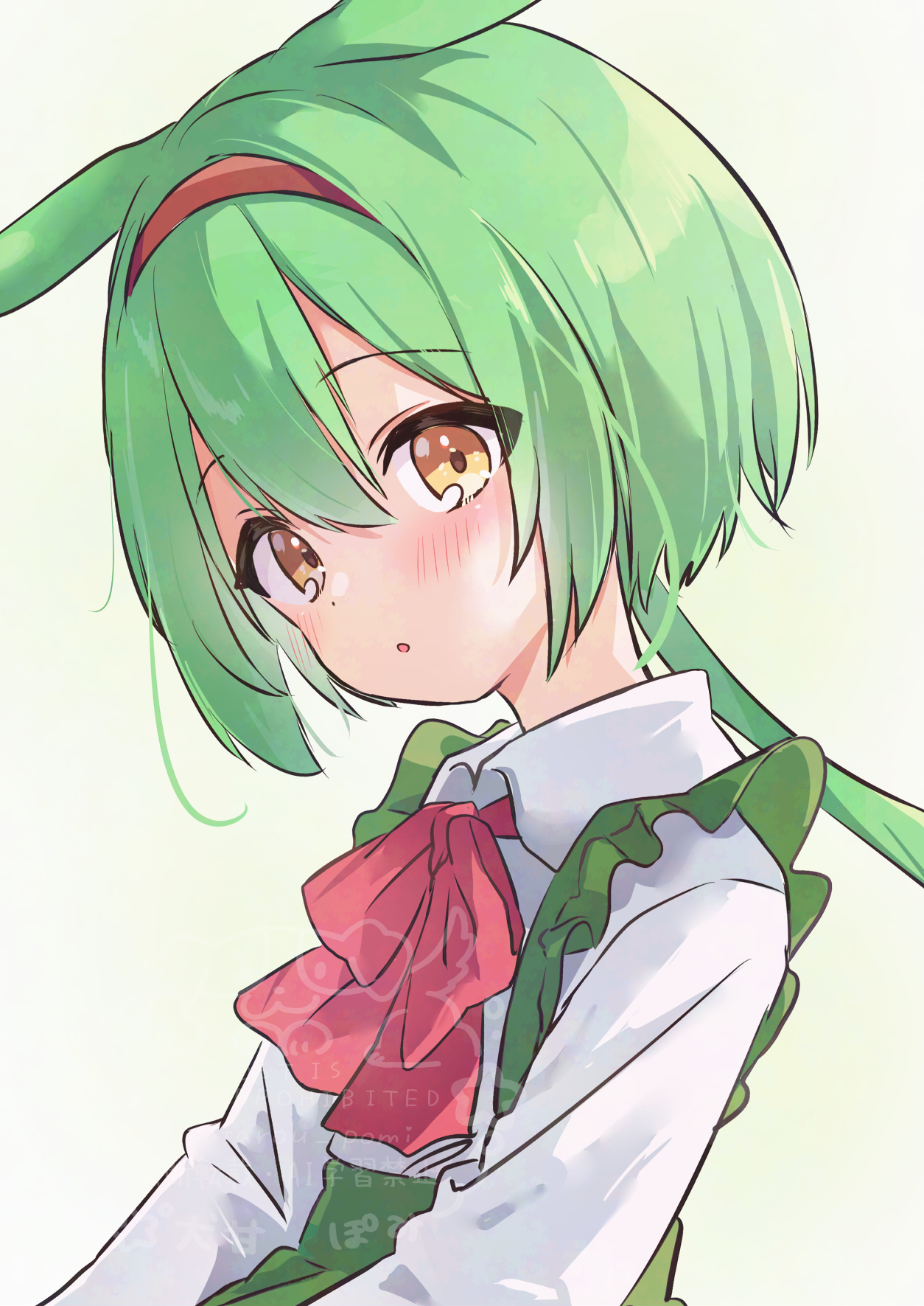 potarou pomi, zundamon, voicevox, highres, 1girl, animal ears, apron, bow, bowtie, frilled apron, frills, green apron, green hair, hair between eyes, hairband, light blush, long sleeves, looking at viewer, parted lips, red bow, red bowtie, red hairband, shirt, short hair, sidelocks, simple background, solo, upper body, watermark, white background, white shirt, yellow eyes