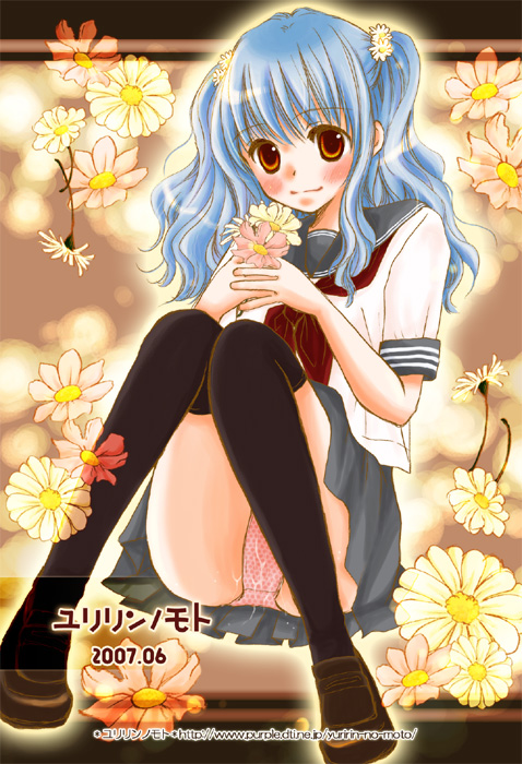 yuririn, original, kneehighs, panties, pantyshot, school uniform, serafuku, socks, solo, thighhighs, underwear