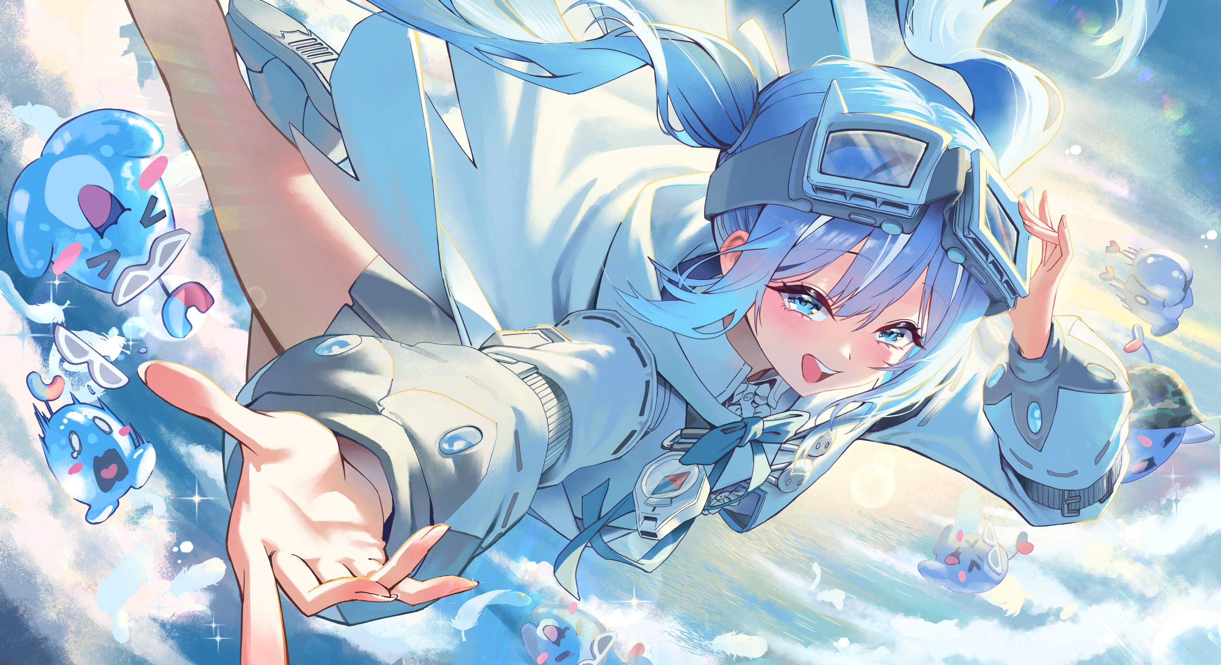 s.jeti, arahashi tabi, stellive, absurdres, highres, 1girl, ahoge, blue bow, blue bowtie, blue eyes, blue hair, blush, bow, bowtie, feathers, goggles, goggles on head, hair between eyes, hood, jacket, long hair, long sleeves, looking at viewer, open mouth, outstretched arms, shirt, skirt, sky, smile, solo, spread arms, teeth, twintails, upper teeth only, white jacket, white shirt