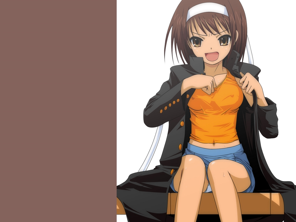 suzumiya haruhi, suzumiya haruhi no yuuutsu, 00s, 1girl, breasts, brown hair, covered erect nipples, female focus, gakuran, medium breasts, panties, pantyshot, school uniform, serafuku, short hair, solo, underwear