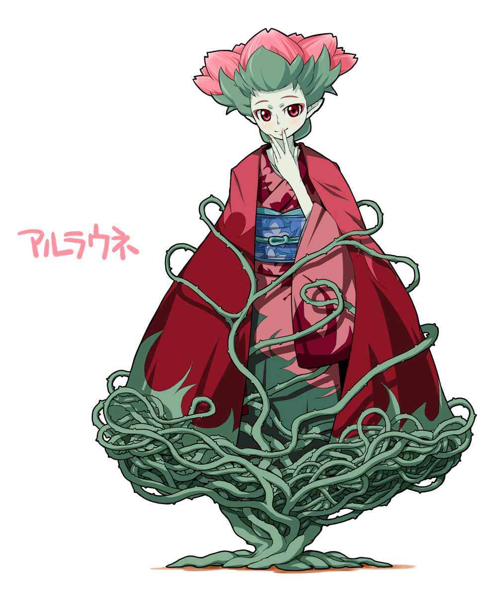 alraune, original, highres, 1girl, colored skin, female focus, flower, green skin, japanese clothes, kimono, monster girl, plant girl, red eyes, solo