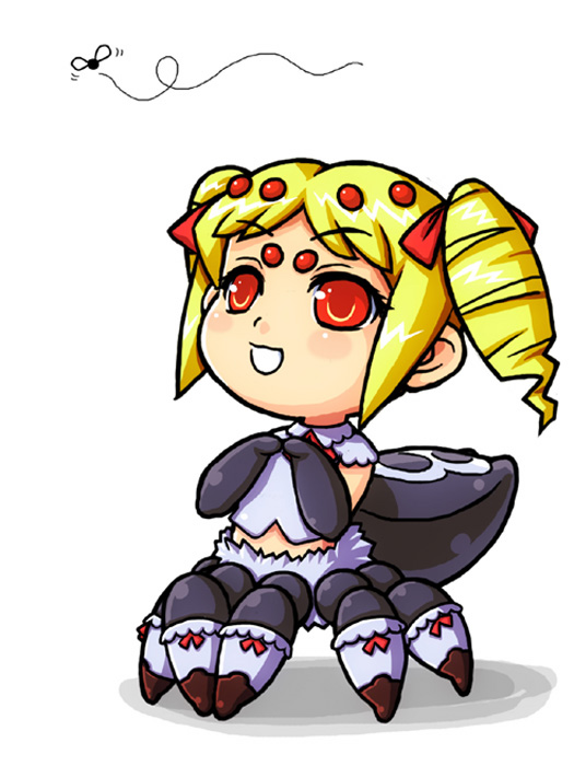 1girl, arachne, arthropod girl, arthropod limbs, blonde hair, bug, drill hair, female focus, gothic lolita, insect girl, lolita fashion, monster girl, red eyes, solo, spider, spider girl, taur