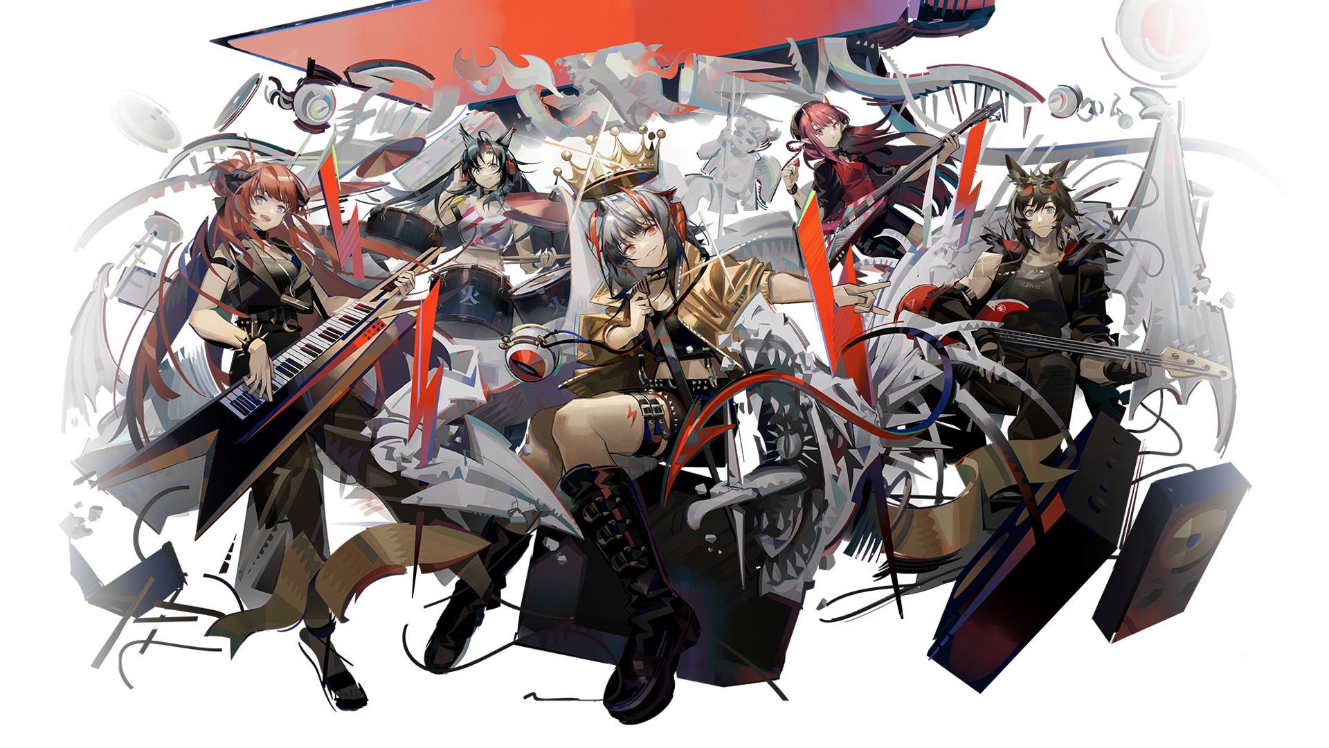 norizc, bagpipe (arknights), blaze (arknights), blaze (burst feline) (arknights), courier (arknights), courier (speechless sound) (arknights), vigna (arknights), vigna (black wave) (arknights), w (arknights), w (cannot wait for) (arknights), arknights, heavy metal, bad link, highres, official art, second-party source, 1boy, 4girls, :d, animal ears, bagpipe (ambience synesthesia) (arknights), black boots, black dress, black gloves, black hair, boots, bracelet, brown jacket, cat ears, crop top, crown, dress, drum, electric guitar, eyewear on head, fingerless gloves, full body, gloves, grey hair, grin, guitar, holding, holding instrument, horns, instrument, jacket, jewelry, keyboard (instrument), long hair, looking at viewer, midriff, multiple girls, music, official alternate costume, open clothes, open jacket, open mouth, orange eyes, orange hair, playing instrument, purple eyes, red hair, red shirt, shirt, short sleeves, shoulder strap, simple background, smile, spiked bracelet, spikes, sunglasses, tank top, thigh strap, thighs, transparent background, very long hair, white tank top