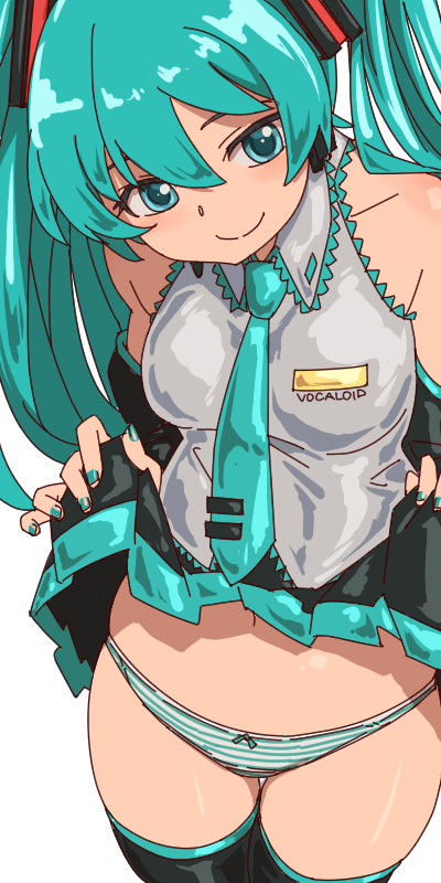 aonori misuji, hatsune miku, vocaloid, 1girl, aqua eyes, aqua hair, bare shoulders, blush, clothes lift, collared shirt, cowboy shot, english text, from above, grey shirt, head tilt, lifting own clothes, long hair, looking to the side, nail polish, navel, necktie, panties, pleated skirt, print shirt, seductive smile, shirt, skindentation, skirt, skirt lift, sleeveless, sleeveless shirt, smile, solo, striped clothes, striped panties, thick thighs, thighhighs, thighs, twintails, underwear